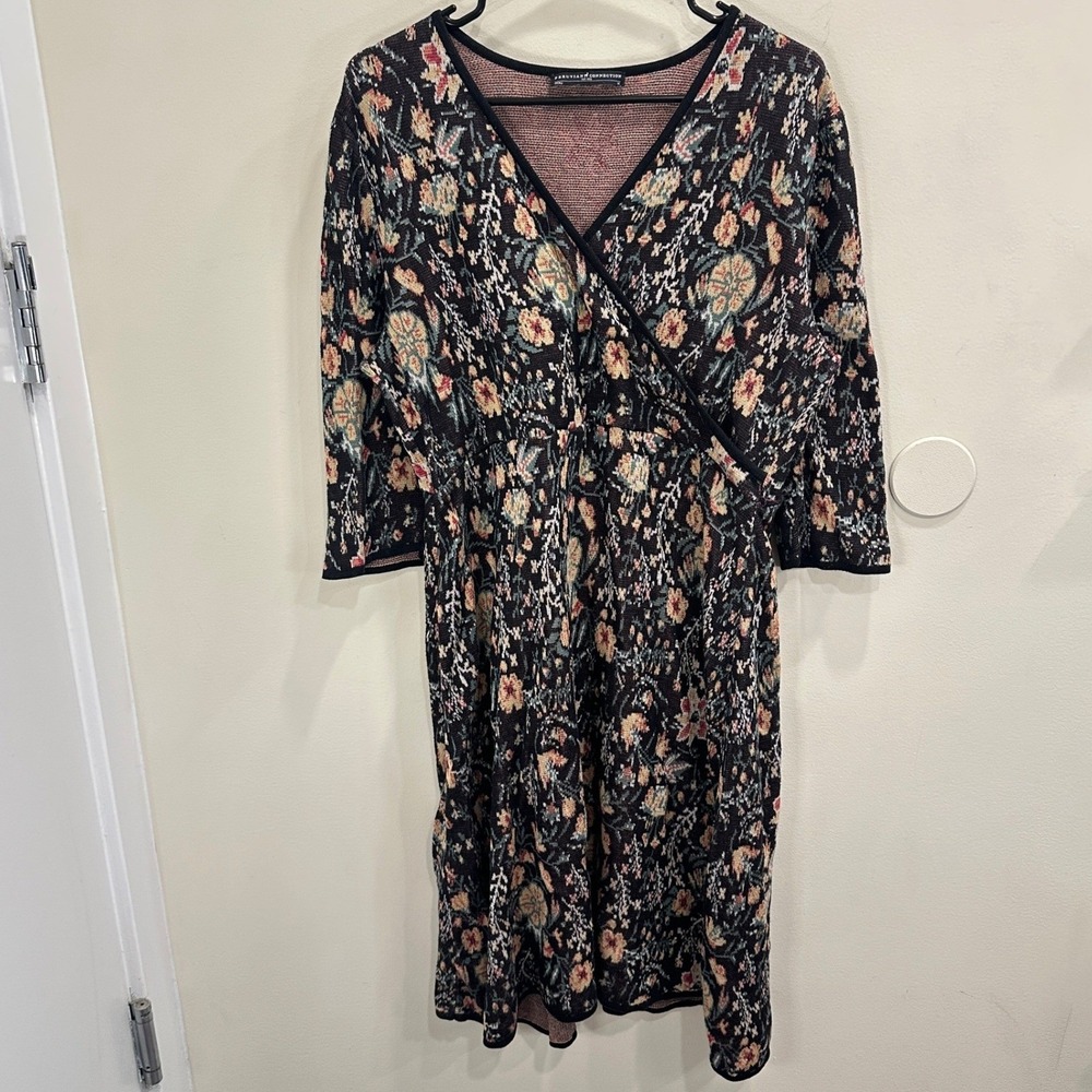 Peruvian Connection Black Floral Pima Cotton Knit Faux Wrap Midi Dress Boho XL